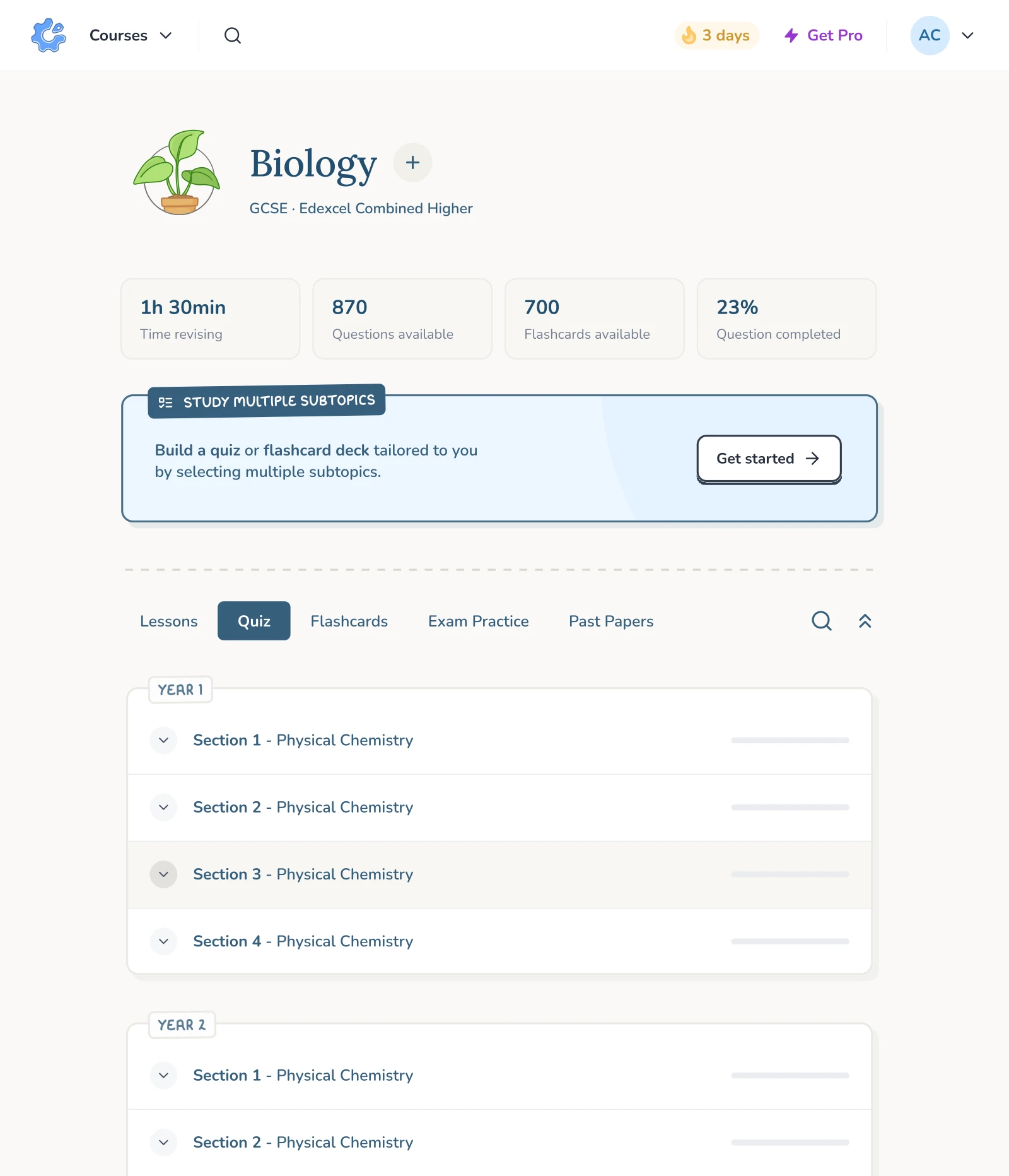 A course view showing GCSE Biology broken down topic by topic.