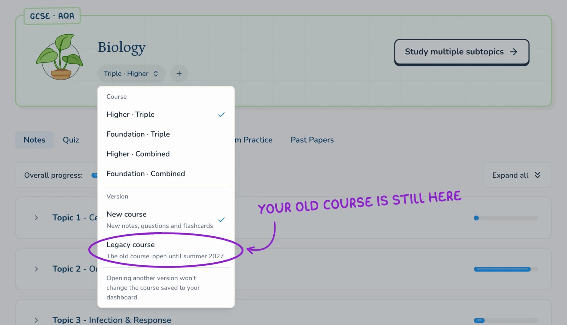 The course menu on GCSE Biology open at Version, with Legacy course circled and the note: your old course is still here